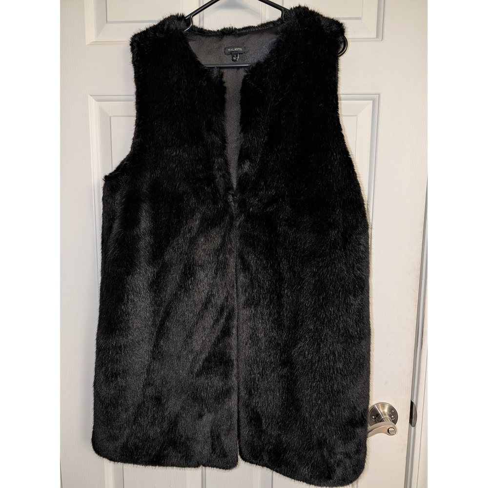 Talbots Black Faux Fur Long Vest L Glam Winter Layering